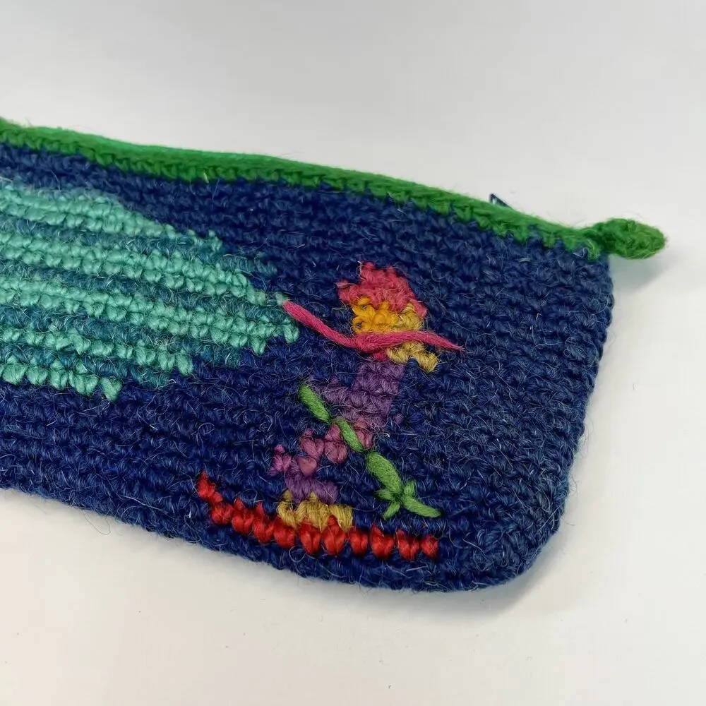 Handmade Wool Crochet Bag Pouch BoHo Zip Closure Lined Cycling Skiing Blue Green